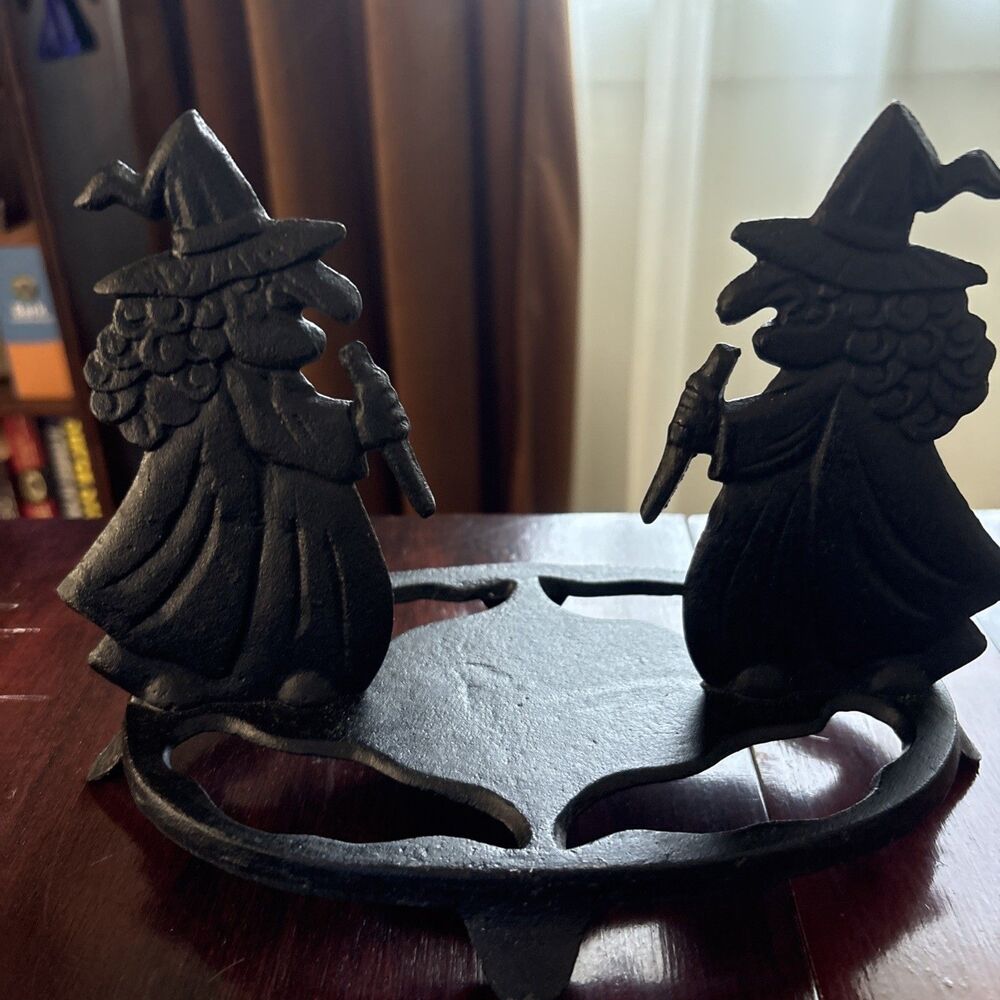 Halloween Cast Iron Witch Witches Brew Brewing Candle Holder Metal Stand